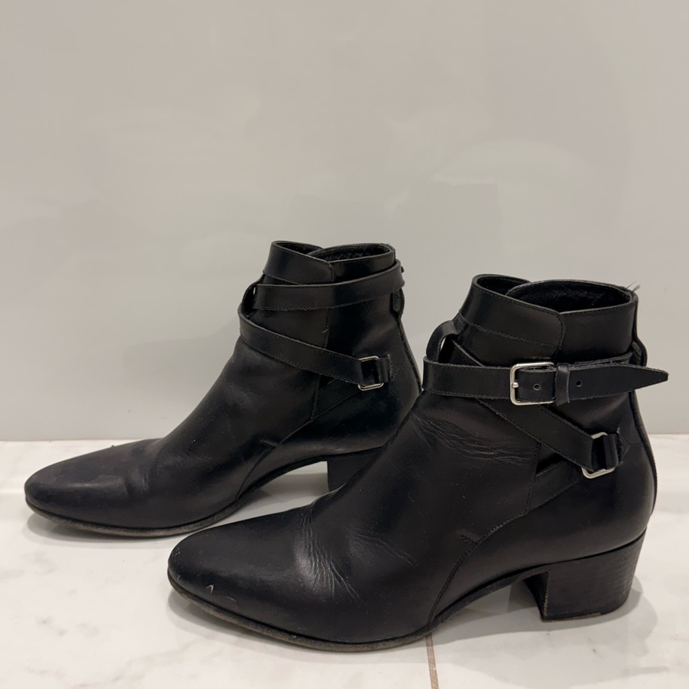 Saint Laurent Black Leather Ankle Booties with Buckle Straps - Picture 6 of 12